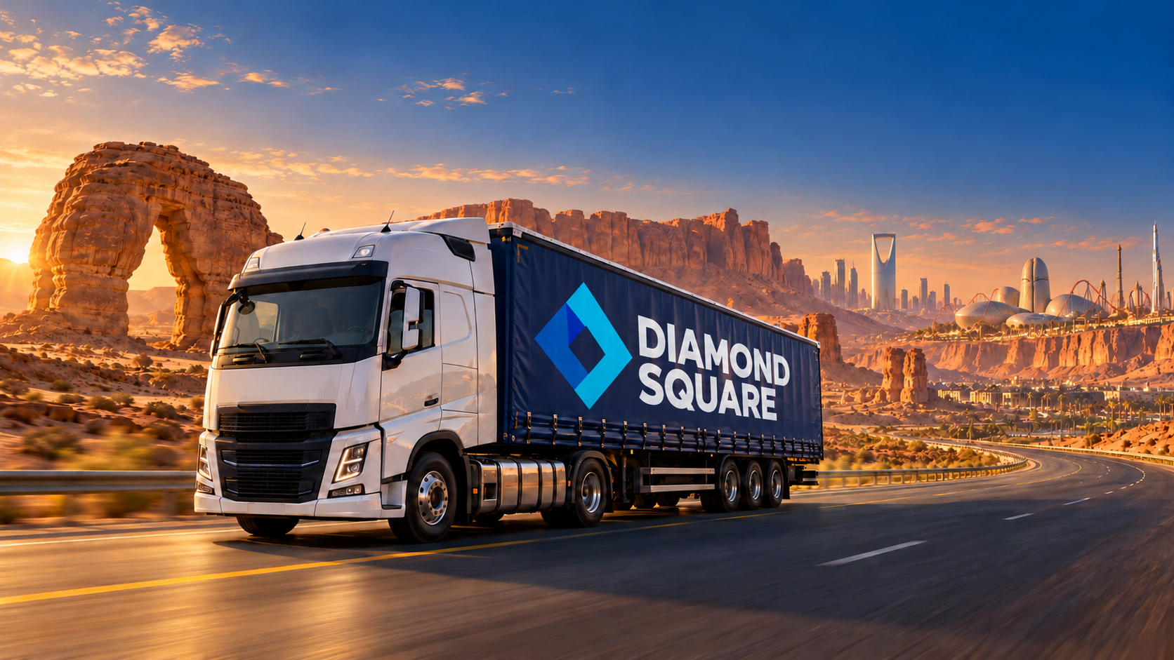 مشهد تصوري لشاحنة بستارة PVC زرقاء تحمل شعار DIAMOND SQUARE تسير وسط معالم مستوحاة من العلا والقدية وبرج المملكة ومركز إثراء